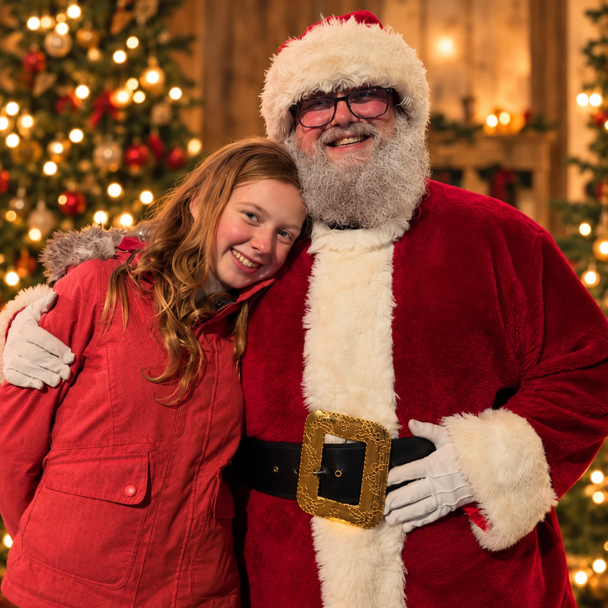 Santa Bryce and a young visitor sharing a warm smile in a Christmas setting